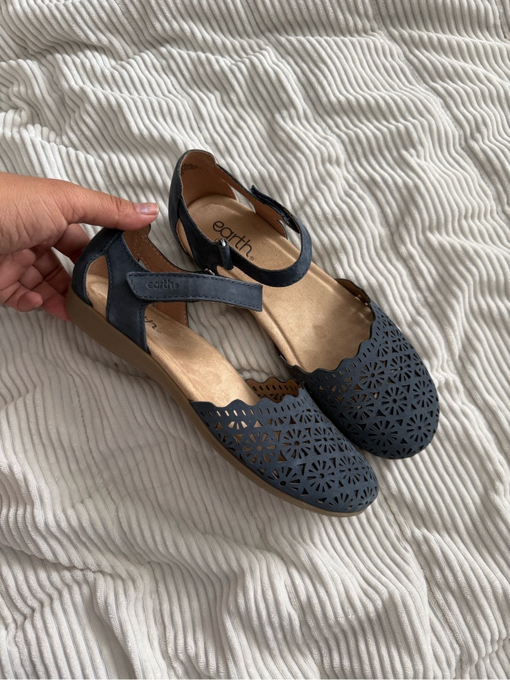 Earth Navy Laser-Cut Ankle-Strap Sandals